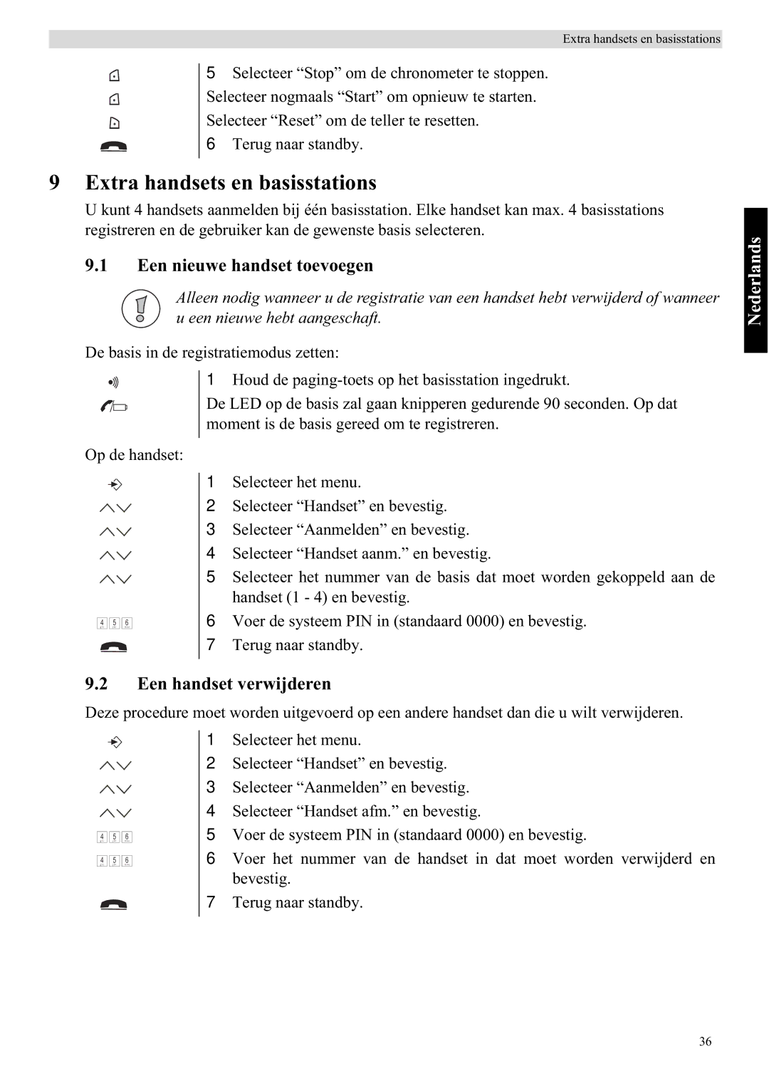 Topcom 5710 manual Extra handsets en basisstations, Een nieuwe handset toevoegen, Een handset verwijderen 