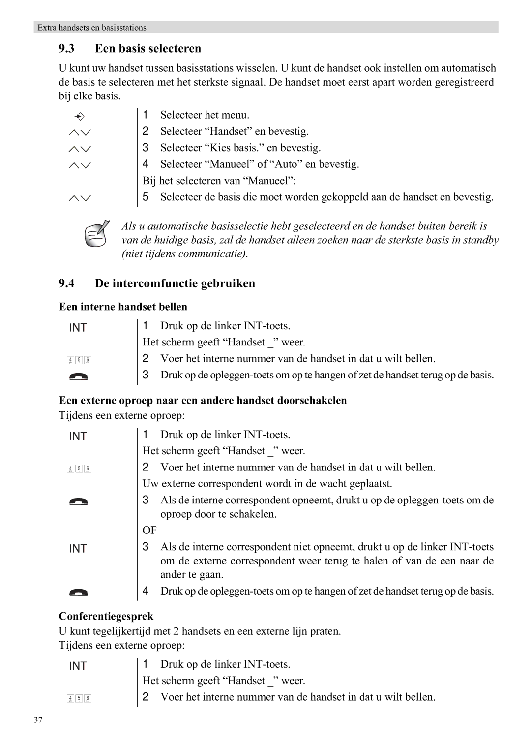 Topcom 5710 manual Een basis selecteren, De intercomfunctie gebruiken, Een interne handset bellen, Conferentiegesprek 