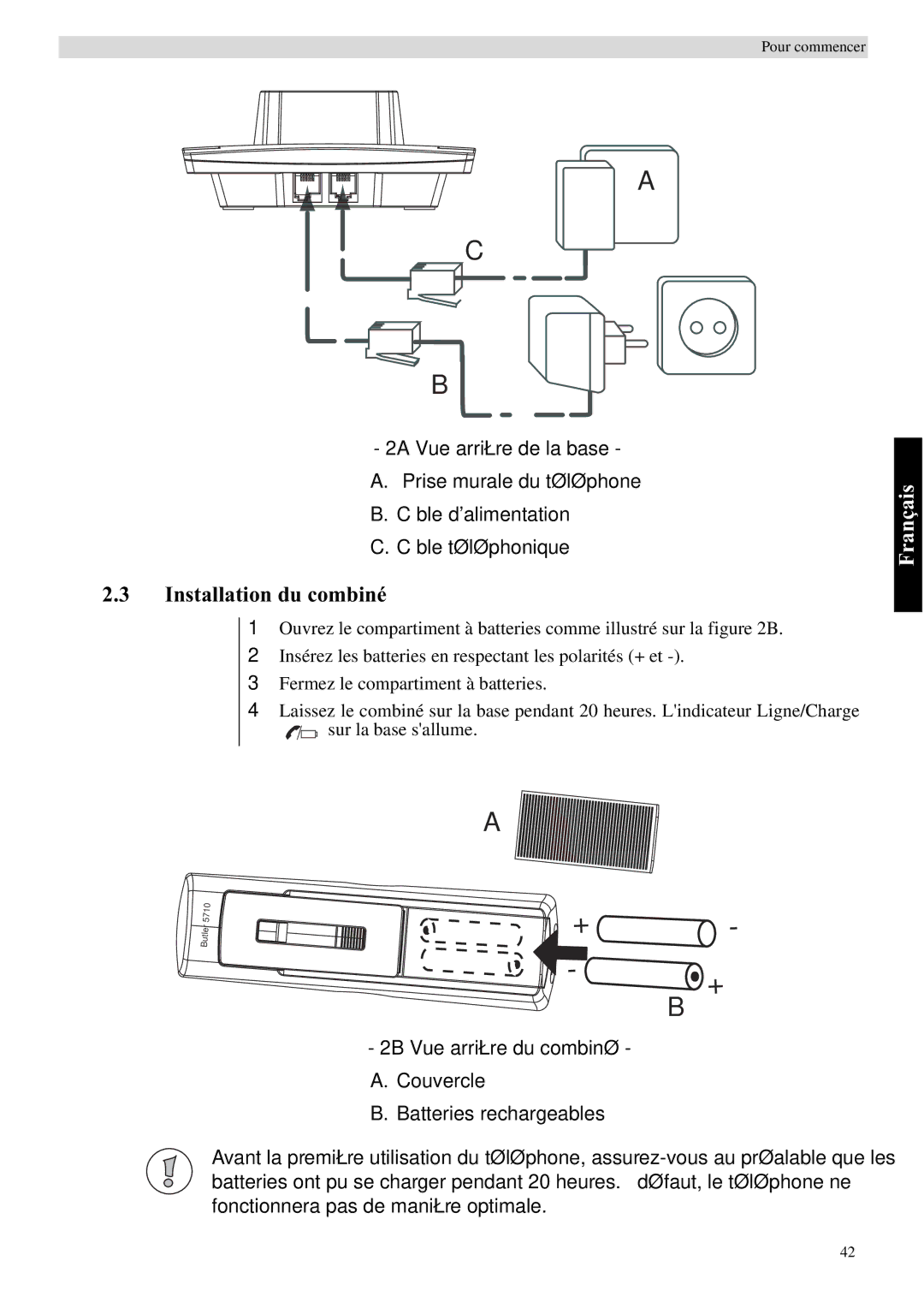 Topcom 5710 manual Installation du combiné, Français 