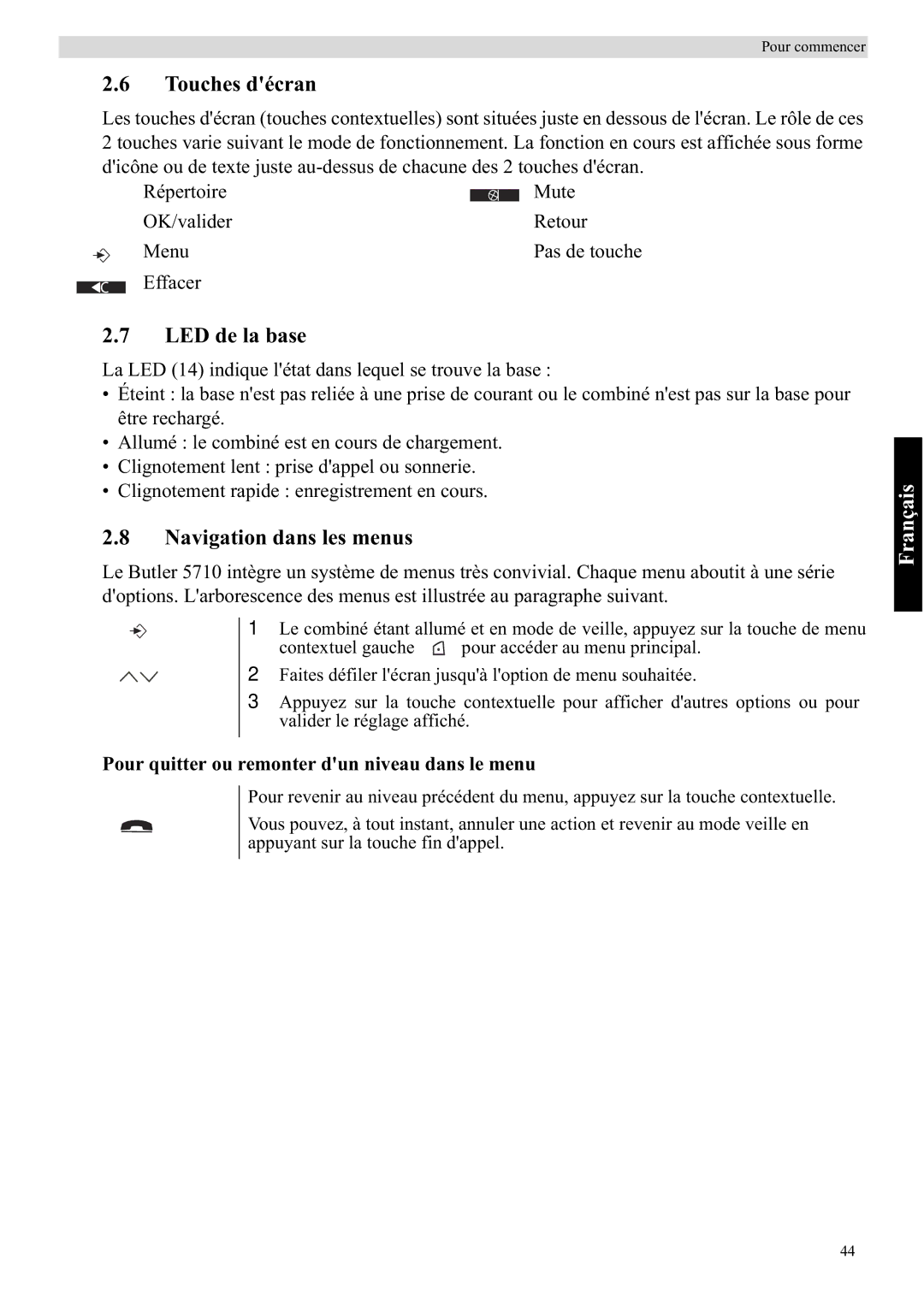 Topcom 5710 Touches décran, LED de la base, Navigation dans les menus, Pour quitter ou remonter dun niveau dans le menu 