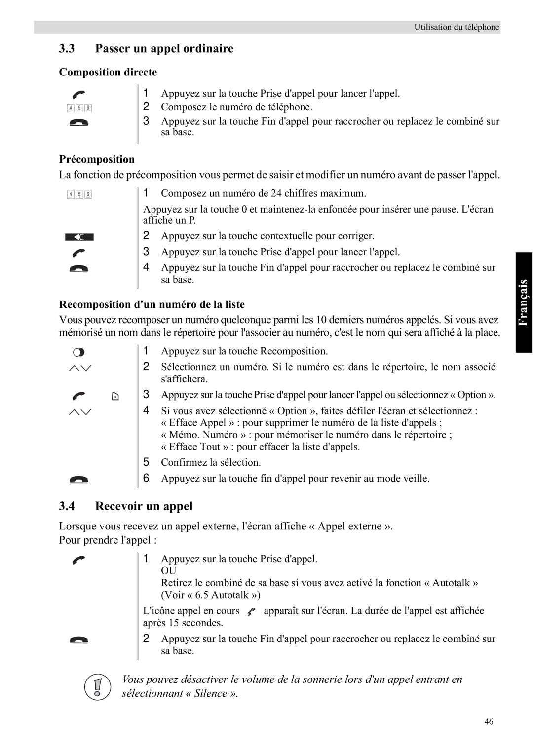 Topcom 5710 manual Passer un appel ordinaire, Recevoir un appel, Composition directe, Précomposition 