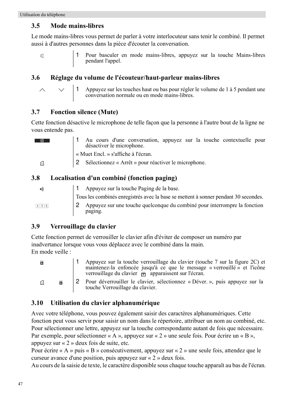 Topcom 5710 manual Mode mains-libres, Réglage du volume de lécouteur/haut-parleur mains-libres, Fonction silence Mute 