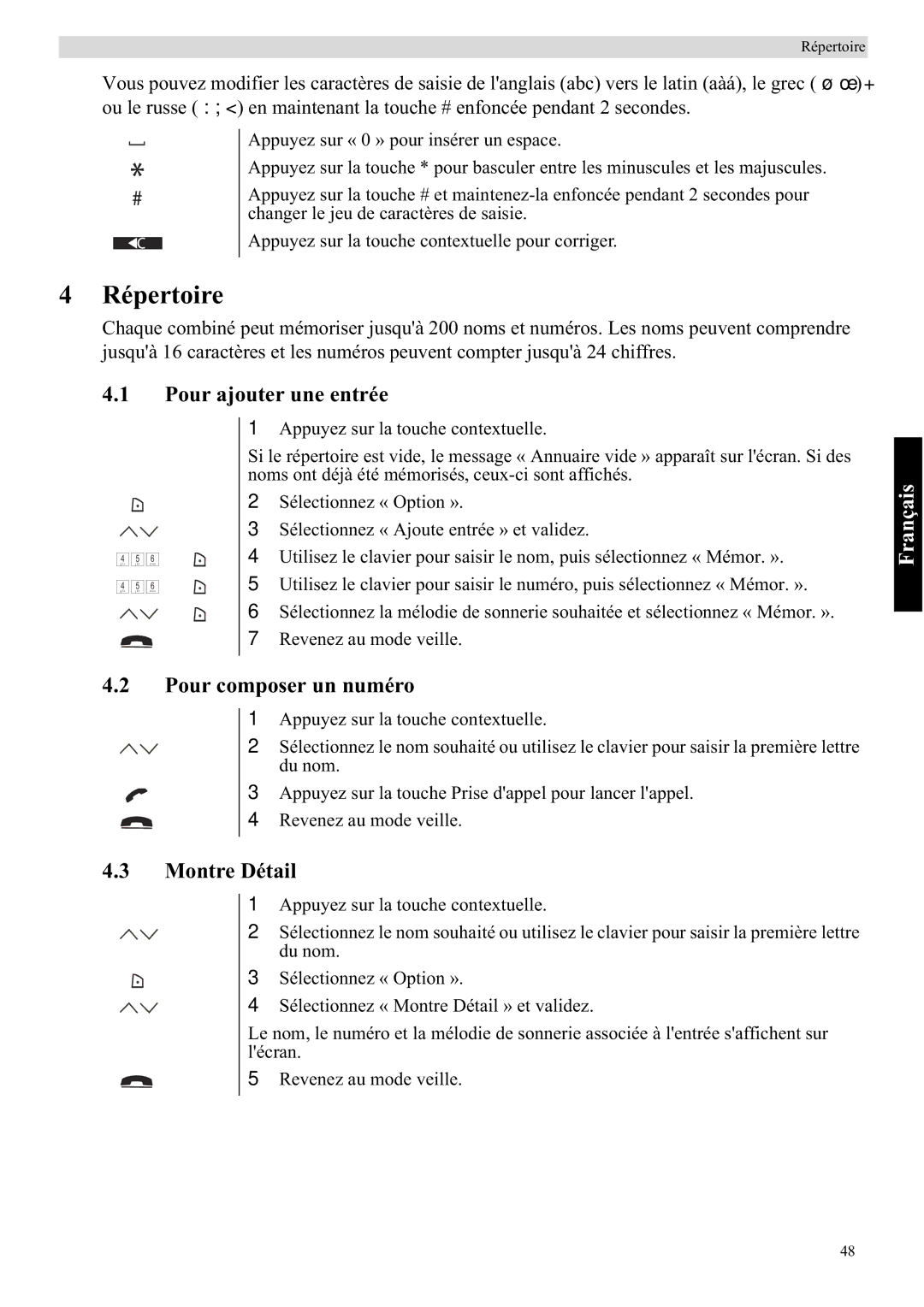 Topcom 5710 manual Répertoire, Pour ajouter une entrée, Pour composer un numéro, Montre Détail 