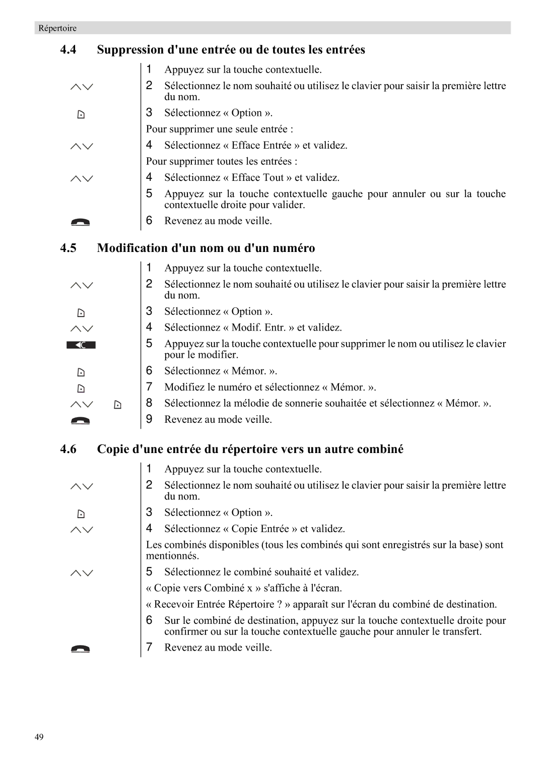 Topcom 5710 manual Suppression dune entrée ou de toutes les entrées, Modification dun nom ou dun numéro 