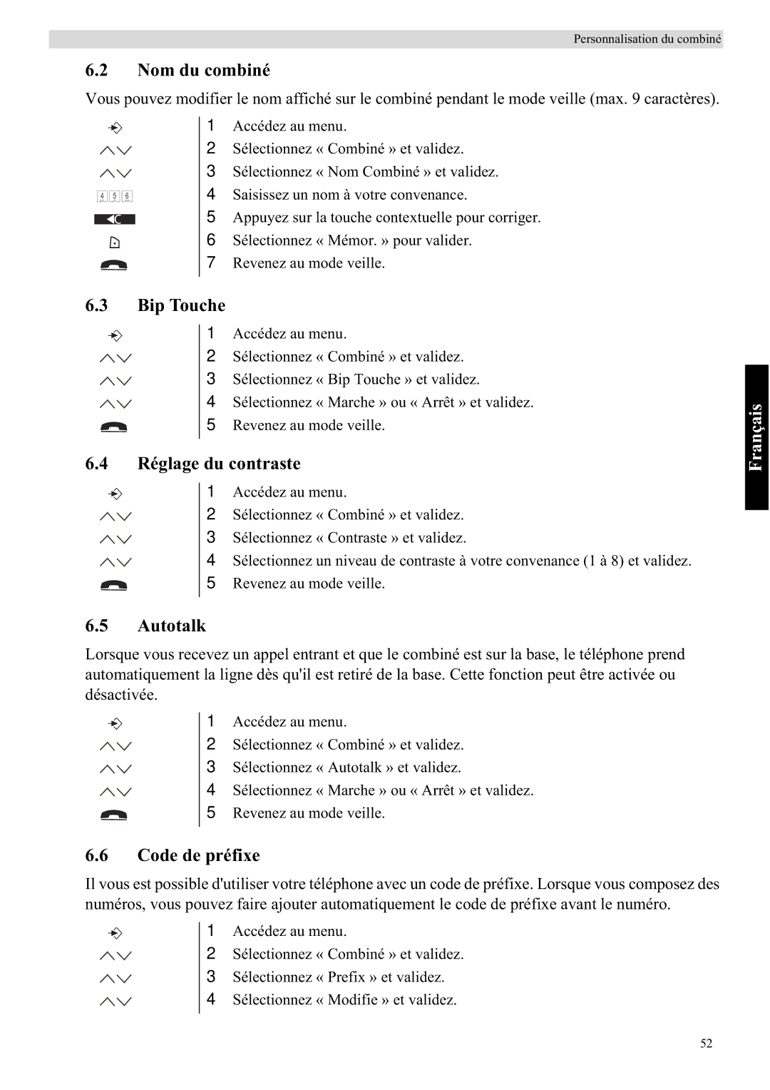 Topcom 5710 manual Nom du combiné, Bip Touche, Réglage du contraste, Code de préfixe 