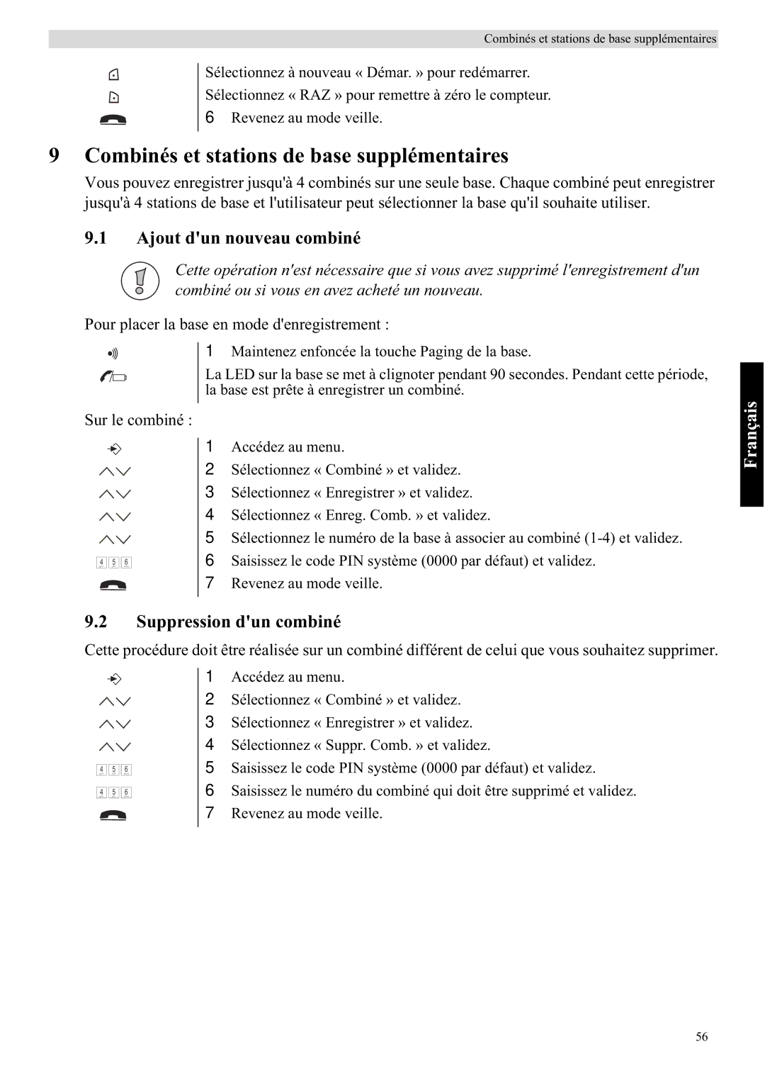 Topcom 5710 manual Combinés et stations de base supplémentaires, Ajout dun nouveau combiné, Suppression dun combiné 