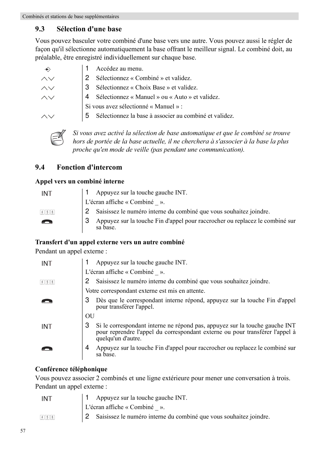 Topcom 5710 manual Sélection dune base, Fonction dintercom, Appel vers un combiné interne, Conférence téléphonique 