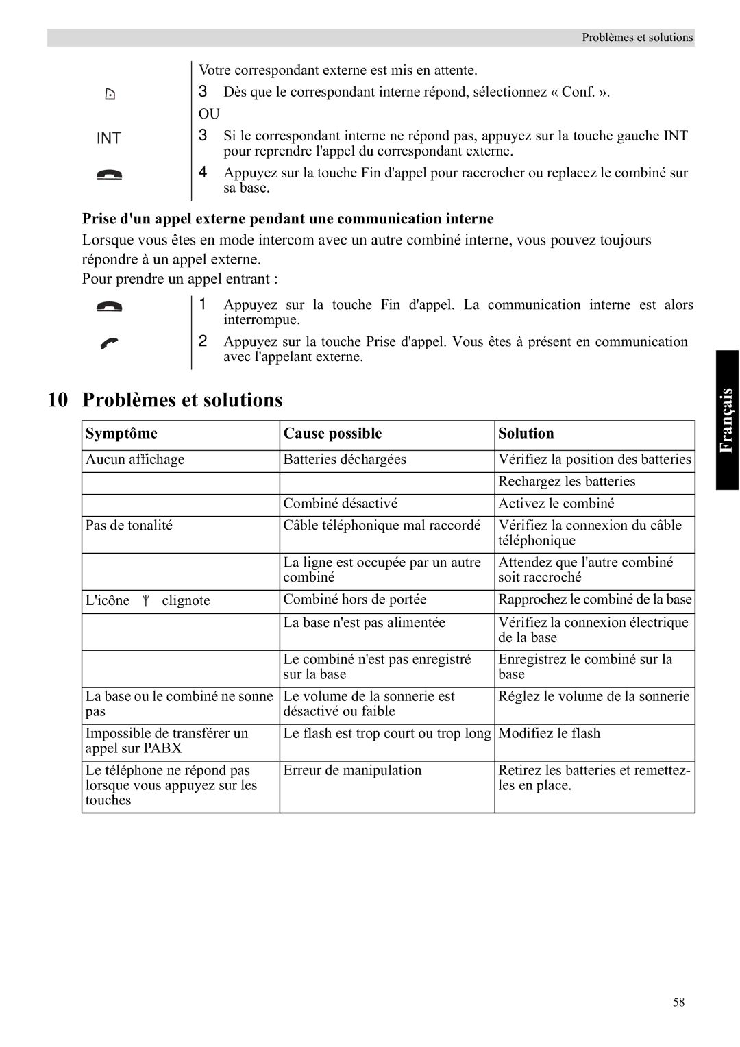 Topcom 5710 manual Problèmes et solutions, Prise dun appel externe pendant une communication interne 