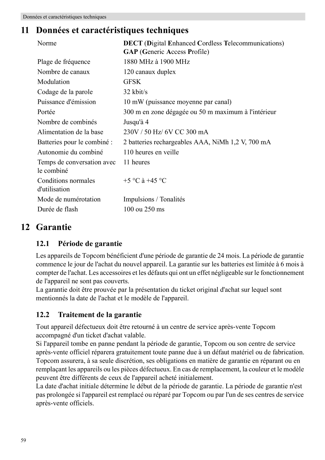 Topcom 5710 manual Données et caractéristiques techniques, 12.1 Période de garantie, Traitement de la garantie 