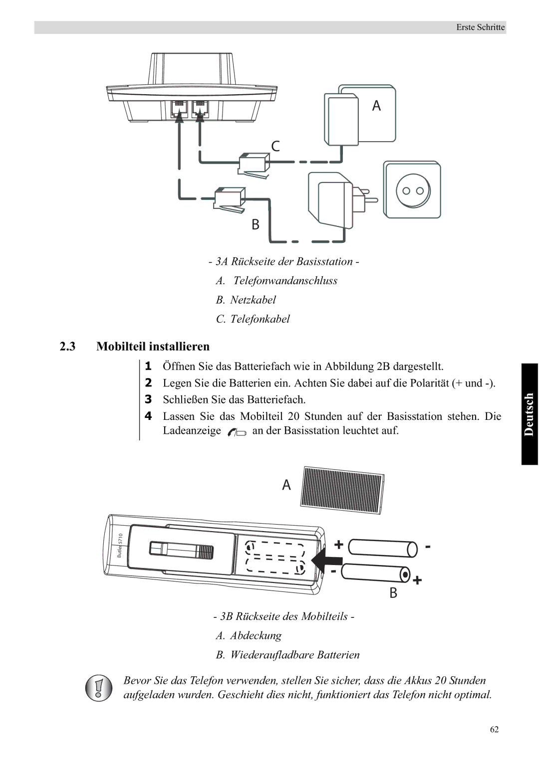 Topcom 5710 manual Mobilteil installieren, Deutsch 