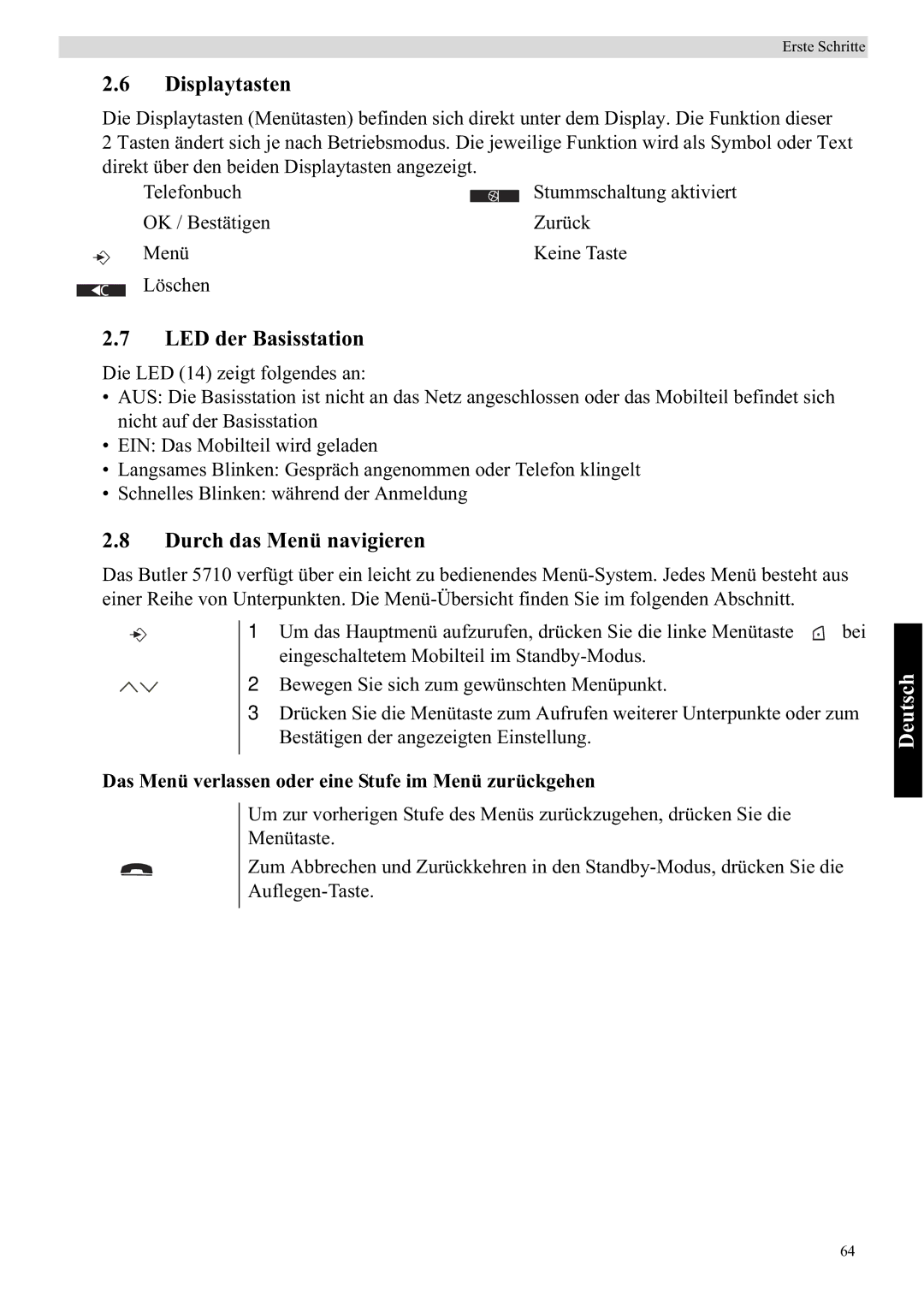 Topcom 5710 manual Displaytasten, LED der Basisstation, Durch das Menü navigieren 