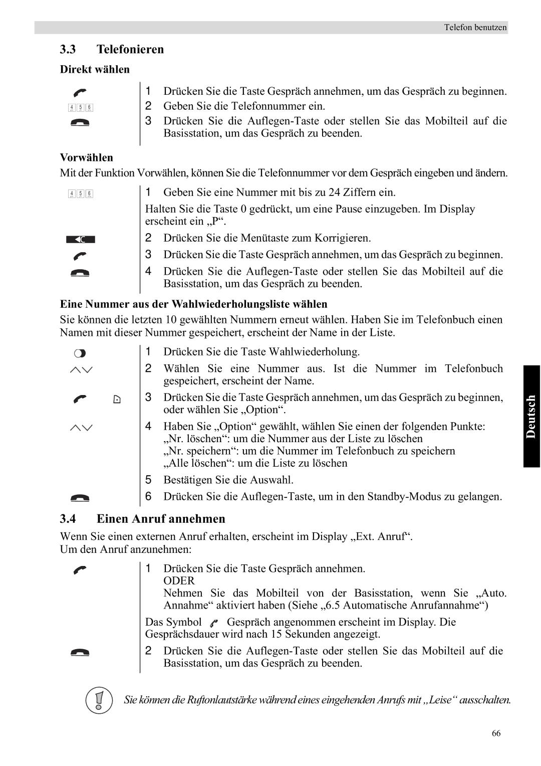 Topcom 5710 manual Telefonieren, Einen Anruf annehmen, Direkt wählen, Vorwählen 