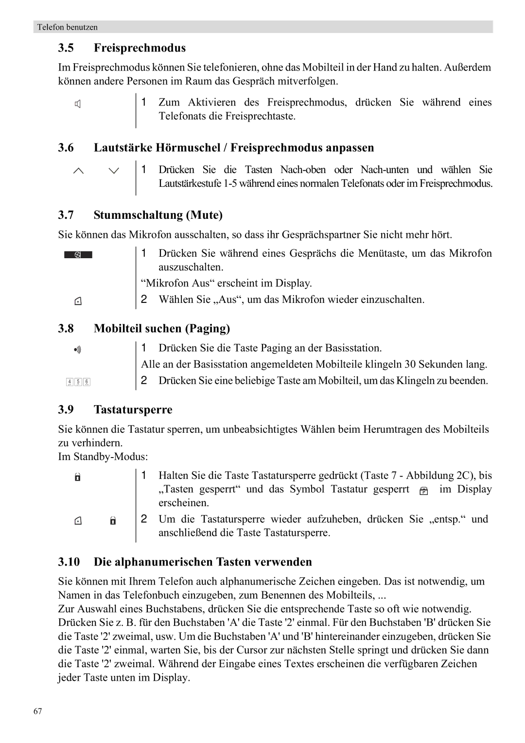 Topcom 5710 manual Lautstärke Hörmuschel / Freisprechmodus anpassen, Stummschaltung Mute, Mobilteil suchen Paging 