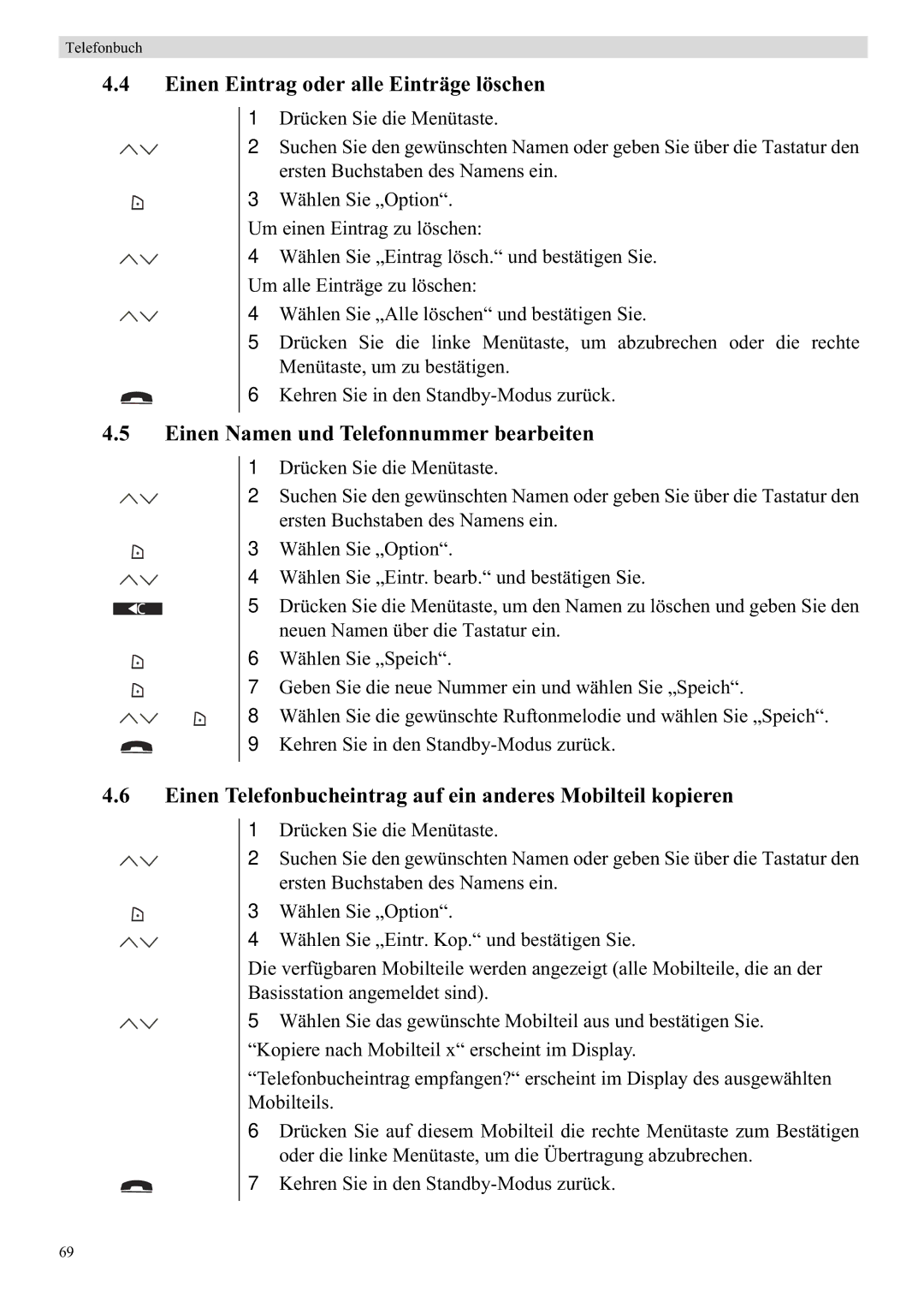 Topcom 5710 manual Einen Eintrag oder alle Einträge löschen, Einen Namen und Telefonnummer bearbeiten 