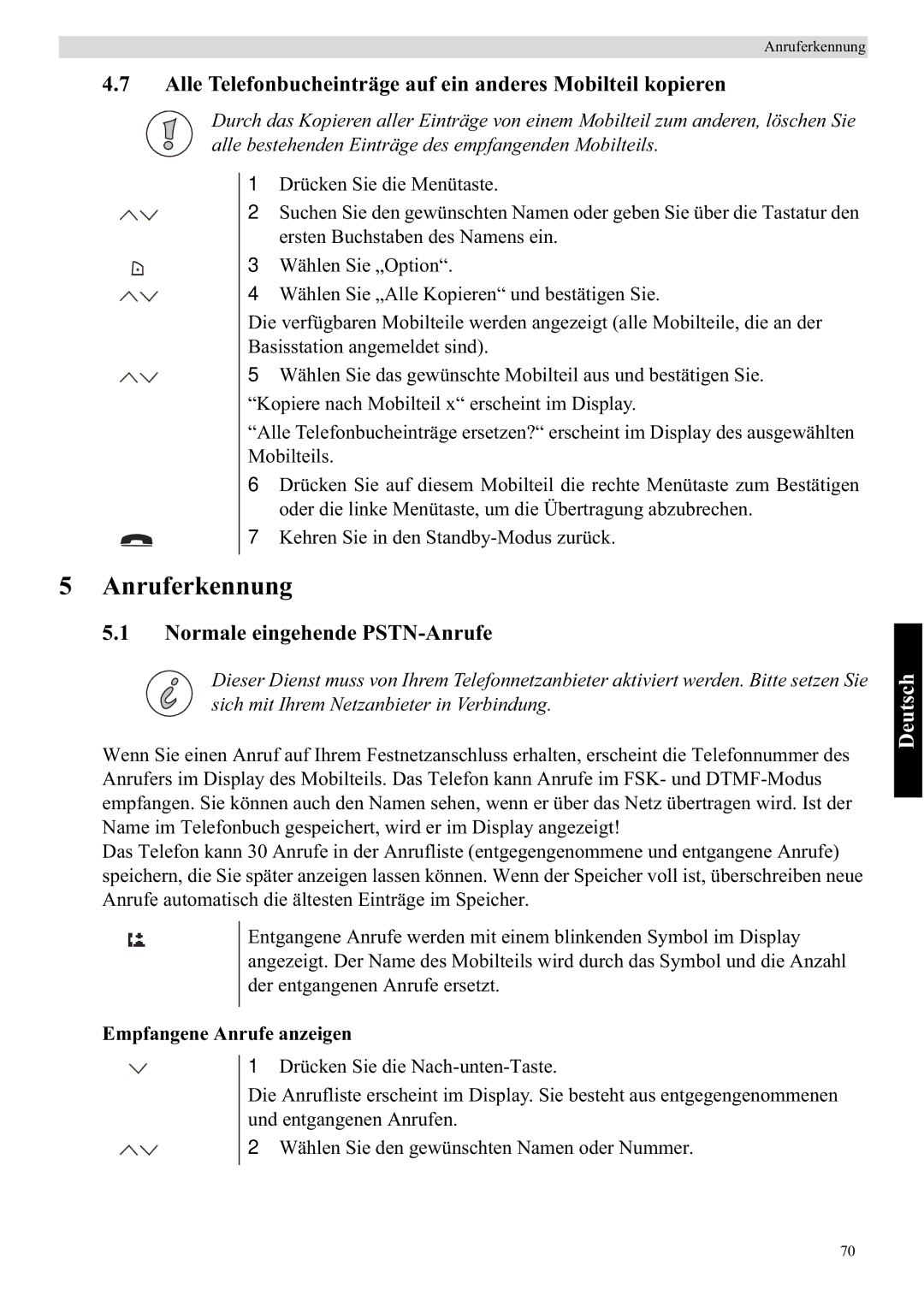 Topcom 5710 Anruferkennung, Alle Telefonbucheinträge auf ein anderes Mobilteil kopieren, Normale eingehende PSTN-Anrufe 