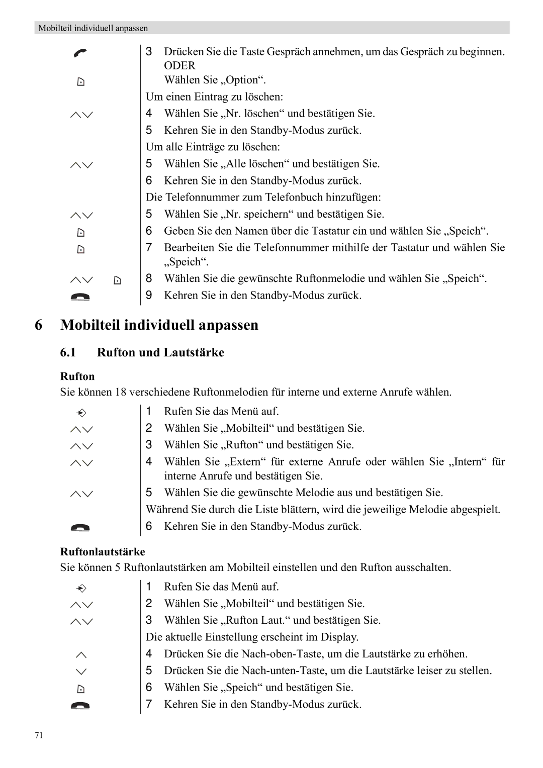 Topcom 5710 manual Mobilteil individuell anpassen, Rufton und Lautstärke, Ruftonlautstärke 