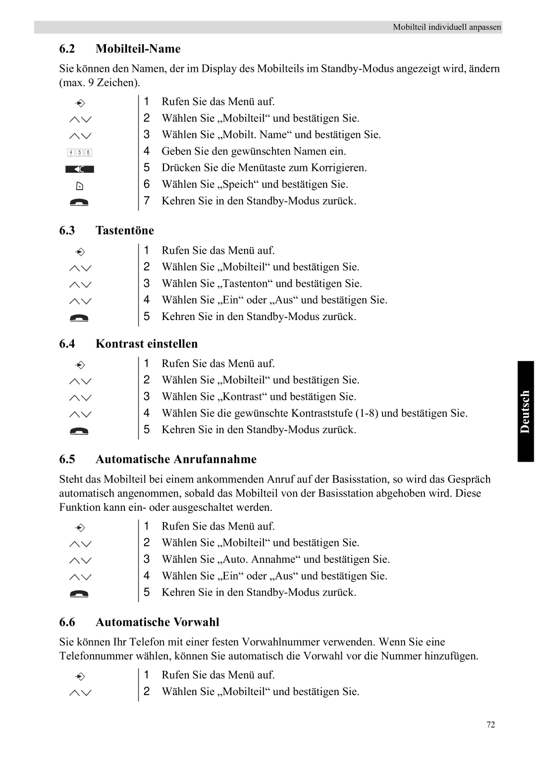 Topcom 5710 manual Mobilteil-Name, Tastentöne, Kontrast einstellen, Automatische Anrufannahme, Automatische Vorwahl 
