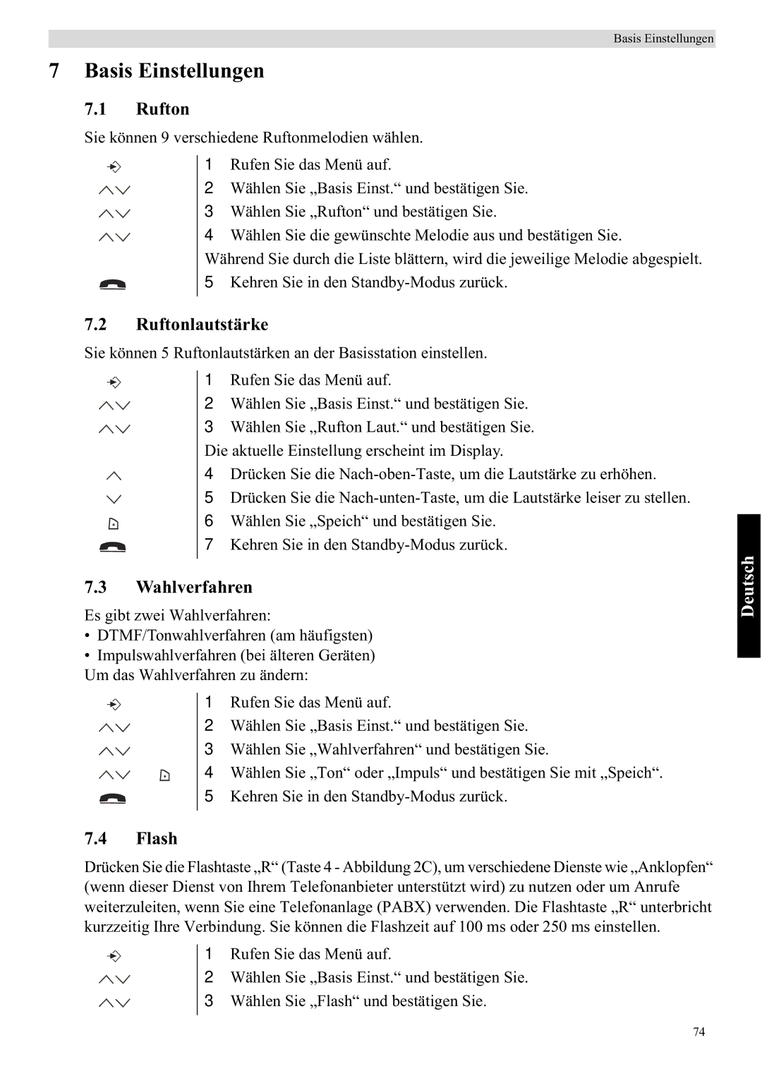 Topcom 5710 manual Basis Einstellungen, Ruftonlautstärke, Wahlverfahren, Flash 