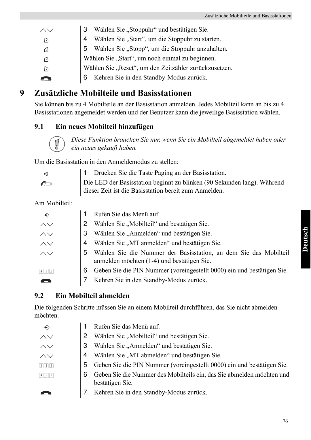 Topcom 5710 manual Zusätzliche Mobilteile und Basisstationen, Ein neues Mobilteil hinzufügen, Ein Mobilteil abmelden 