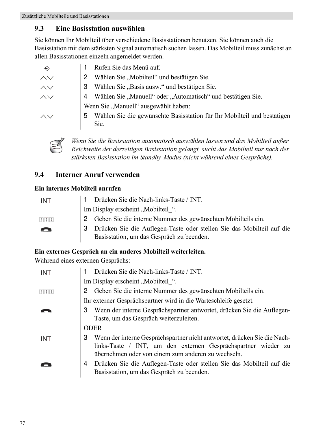 Topcom 5710 manual Eine Basisstation auswählen, Interner Anruf verwenden, Ein internes Mobilteil anrufen 