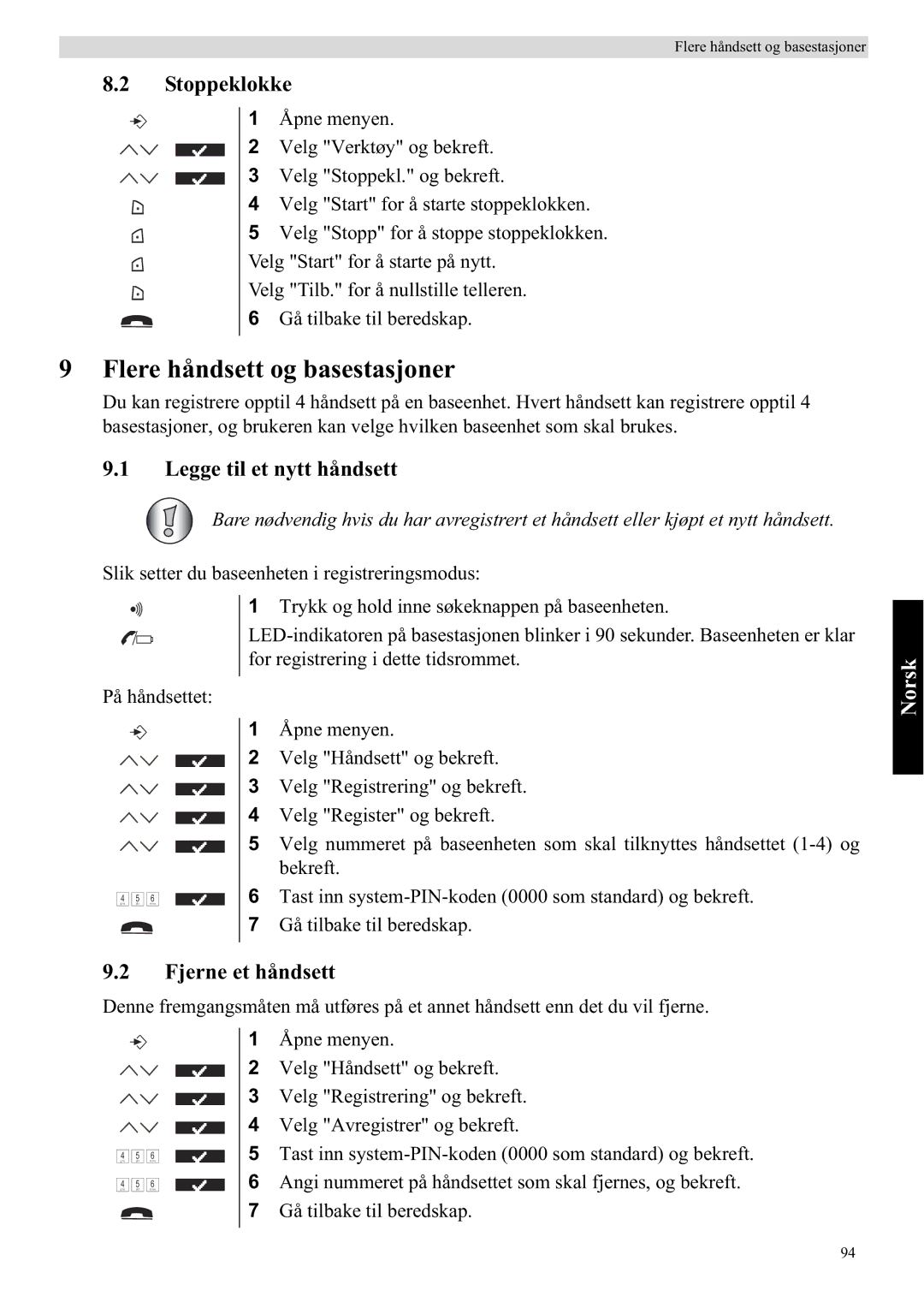 Topcom 5750 manual Flere håndsett og basestasjoner, Stoppeklokke, Legge til et nytt håndsett, Fjerne et håndsett 