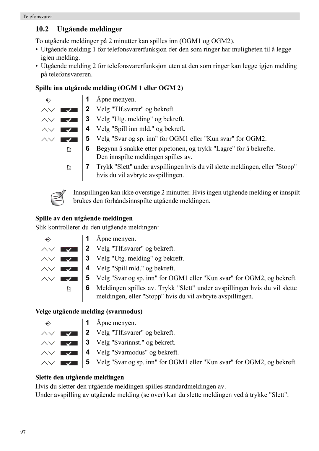 Topcom 5750 manual 10.2 Utgående meldinger, Spille inn utgående melding OGM 1 eller OGM, Spille av den utgående meldingen 