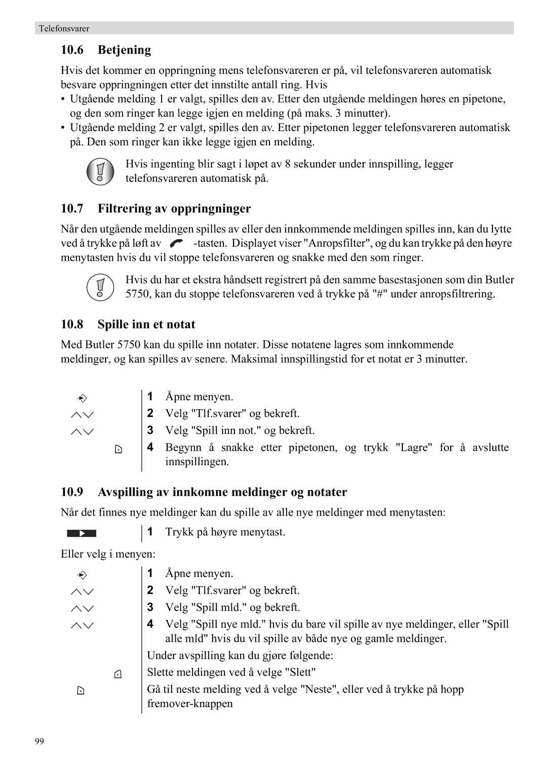 Topcom 5750 manual Filtrering av oppringninger, Spille inn et notat, Avspilling av innkomne meldinger og notater 