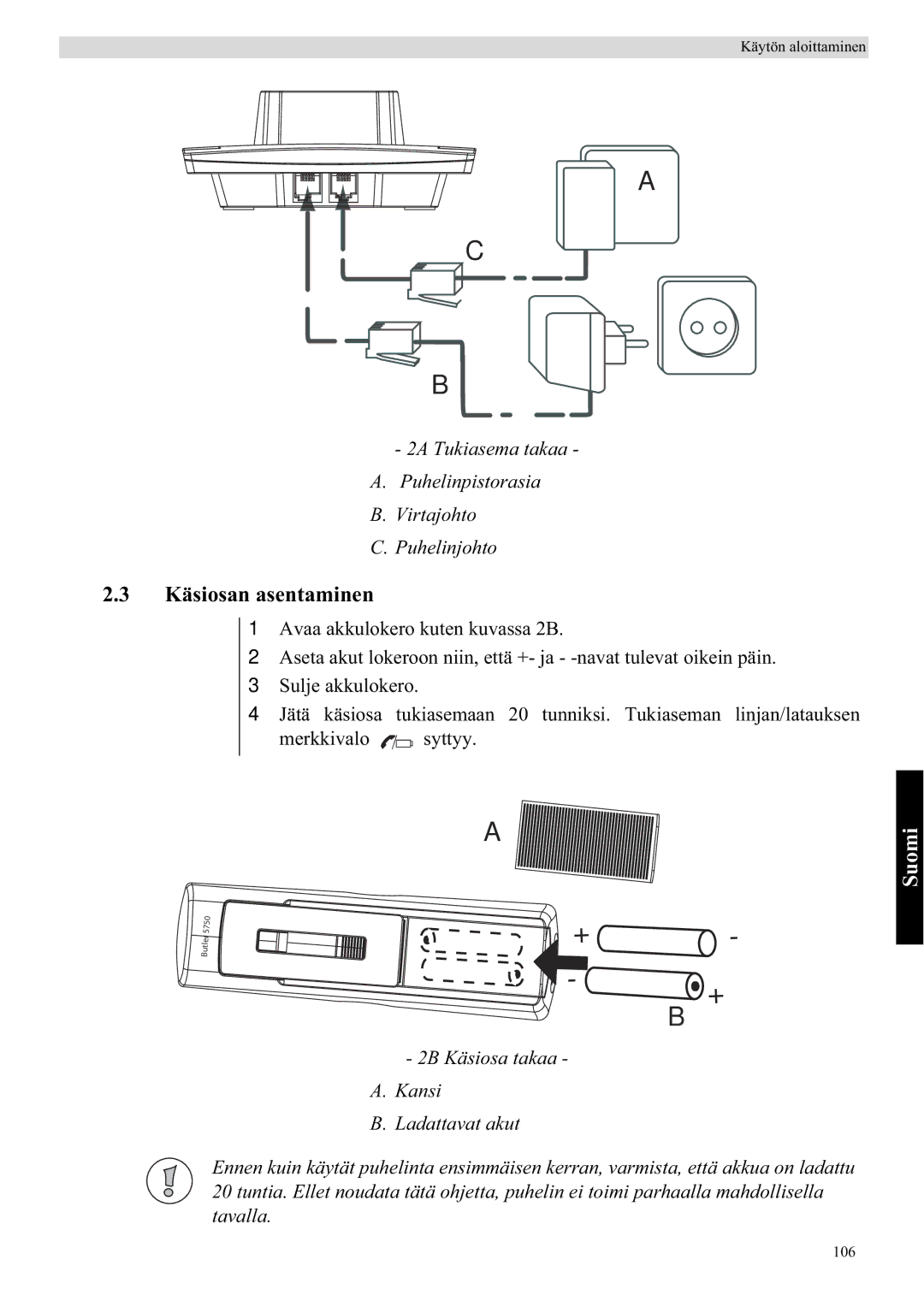 Topcom 5750 manual Käsiosan asentaminen, Suomi 