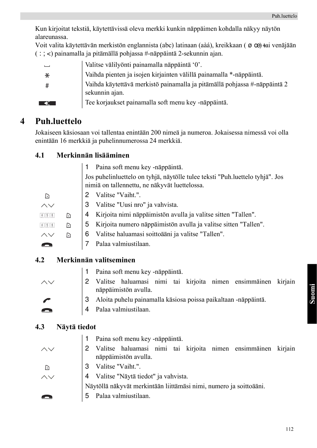 Topcom 5750 manual Puh.luettelo, Merkinnän lisääminen, Merkinnän valitseminen, Näytä tiedot 