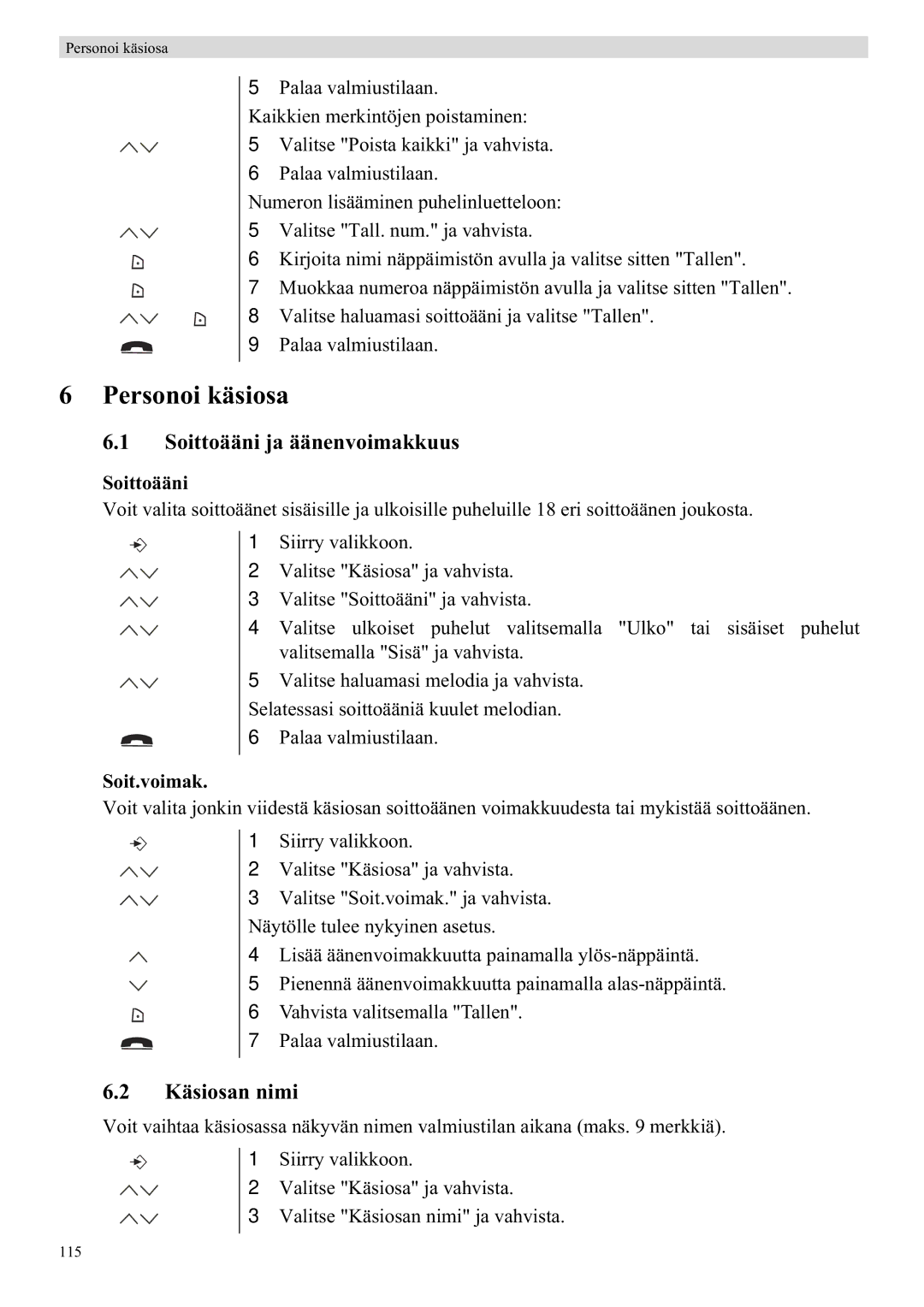 Topcom 5750 manual Personoi käsiosa, Soittoääni ja äänenvoimakkuus, Käsiosan nimi, Soit.voimak 