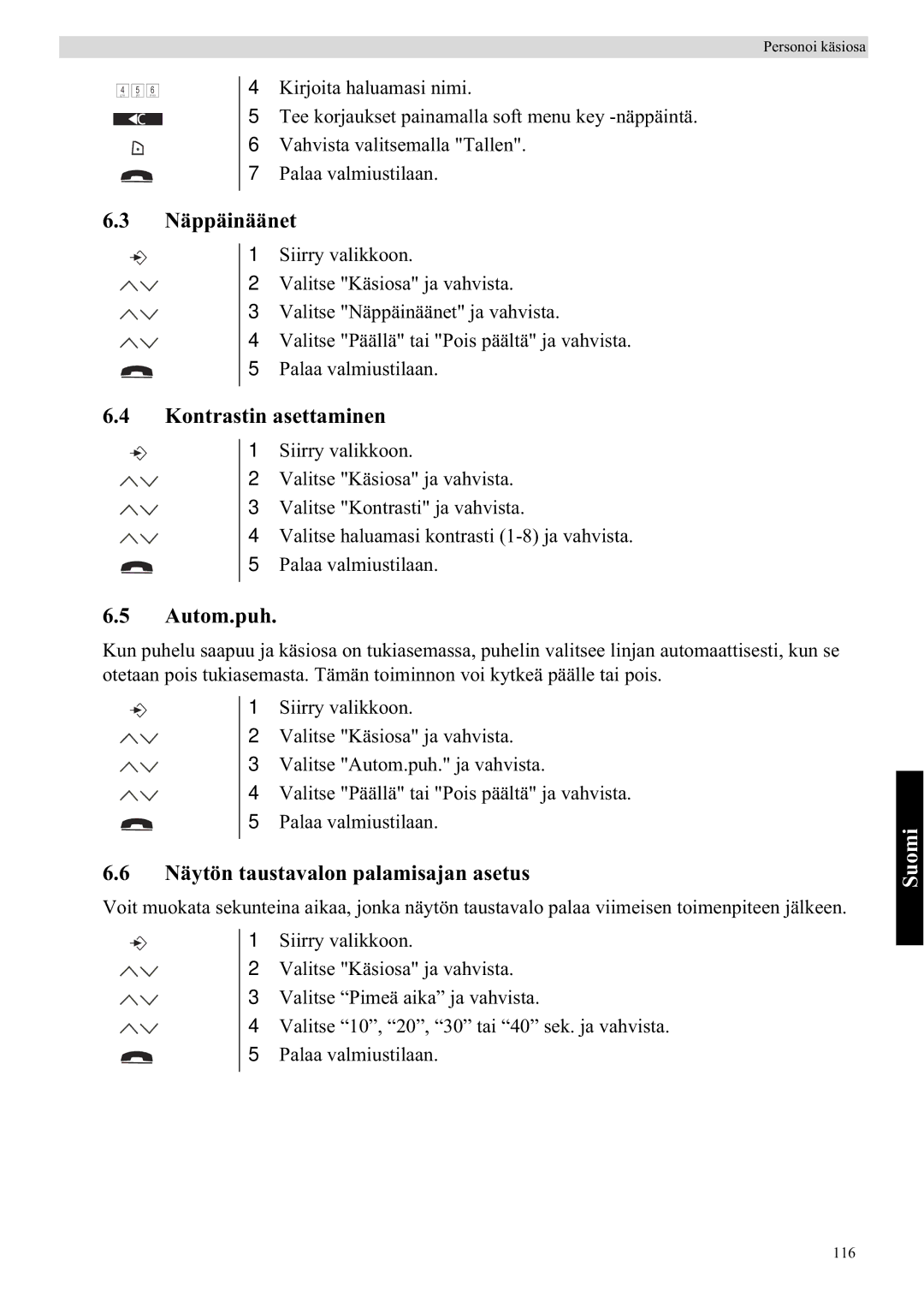 Topcom 5750 manual Näppäinäänet, Kontrastin asettaminen, Autom.puh, Näytön taustavalon palamisajan asetus 