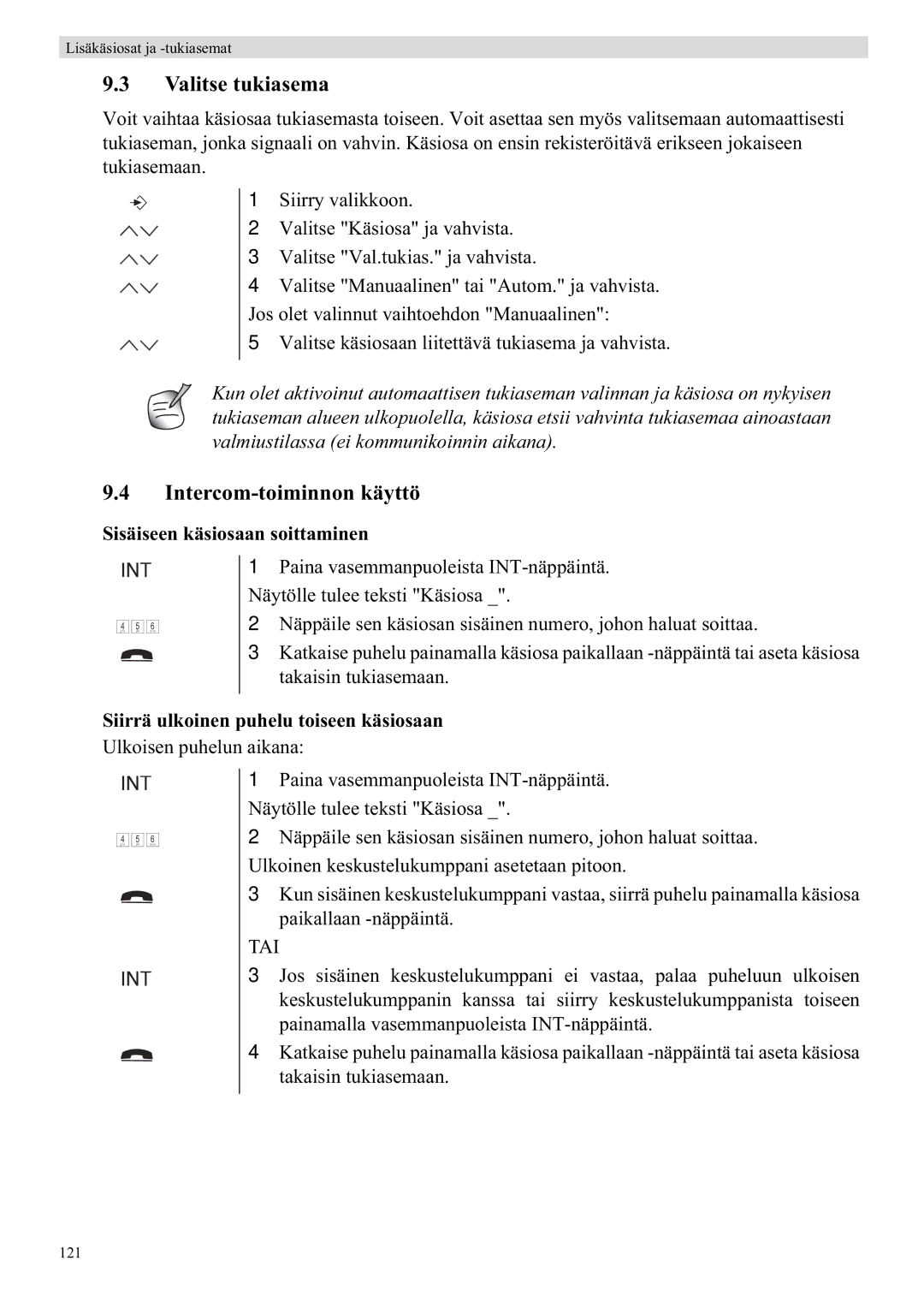 Topcom 5750 manual Valitse tukiasema, Intercom-toiminnon käyttö, Sisäiseen käsiosaan soittaminen 