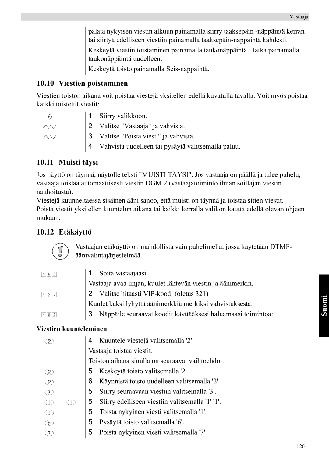 Topcom 5750 manual Viestien poistaminen, Muisti täysi, 10.12 Etäkäyttö, Viestien kuunteleminen 