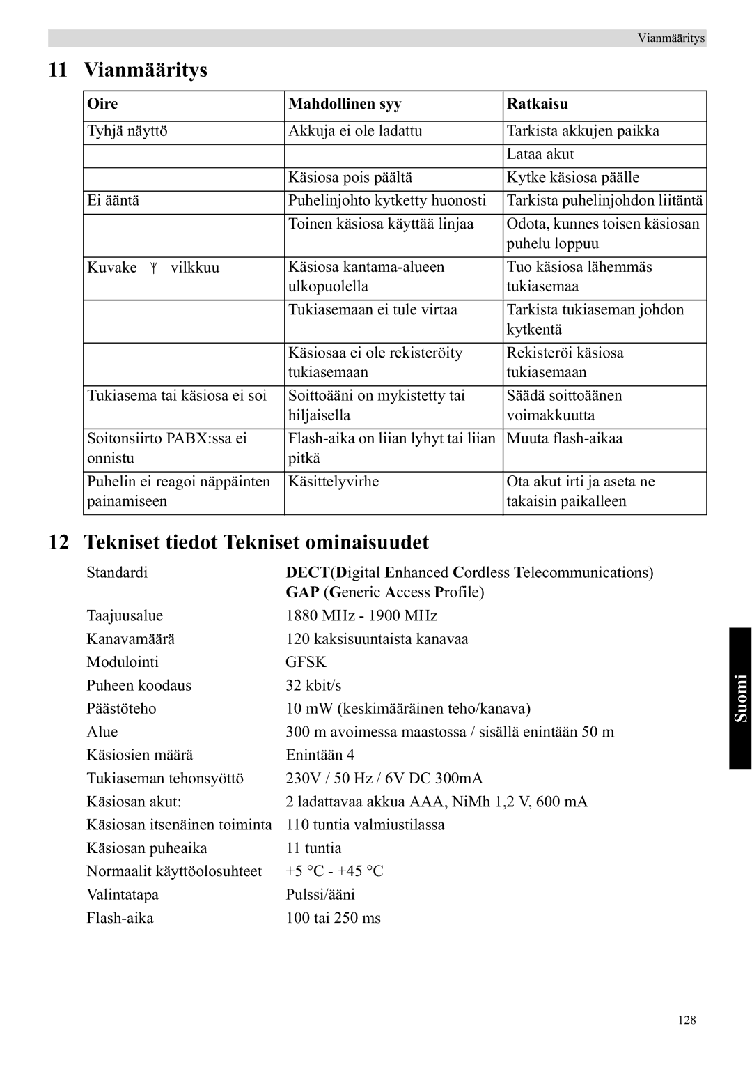 Topcom 5750 manual Vianmääritys, Tekniset tiedot Tekniset ominaisuudet, Oire Mahdollinen syy Ratkaisu 