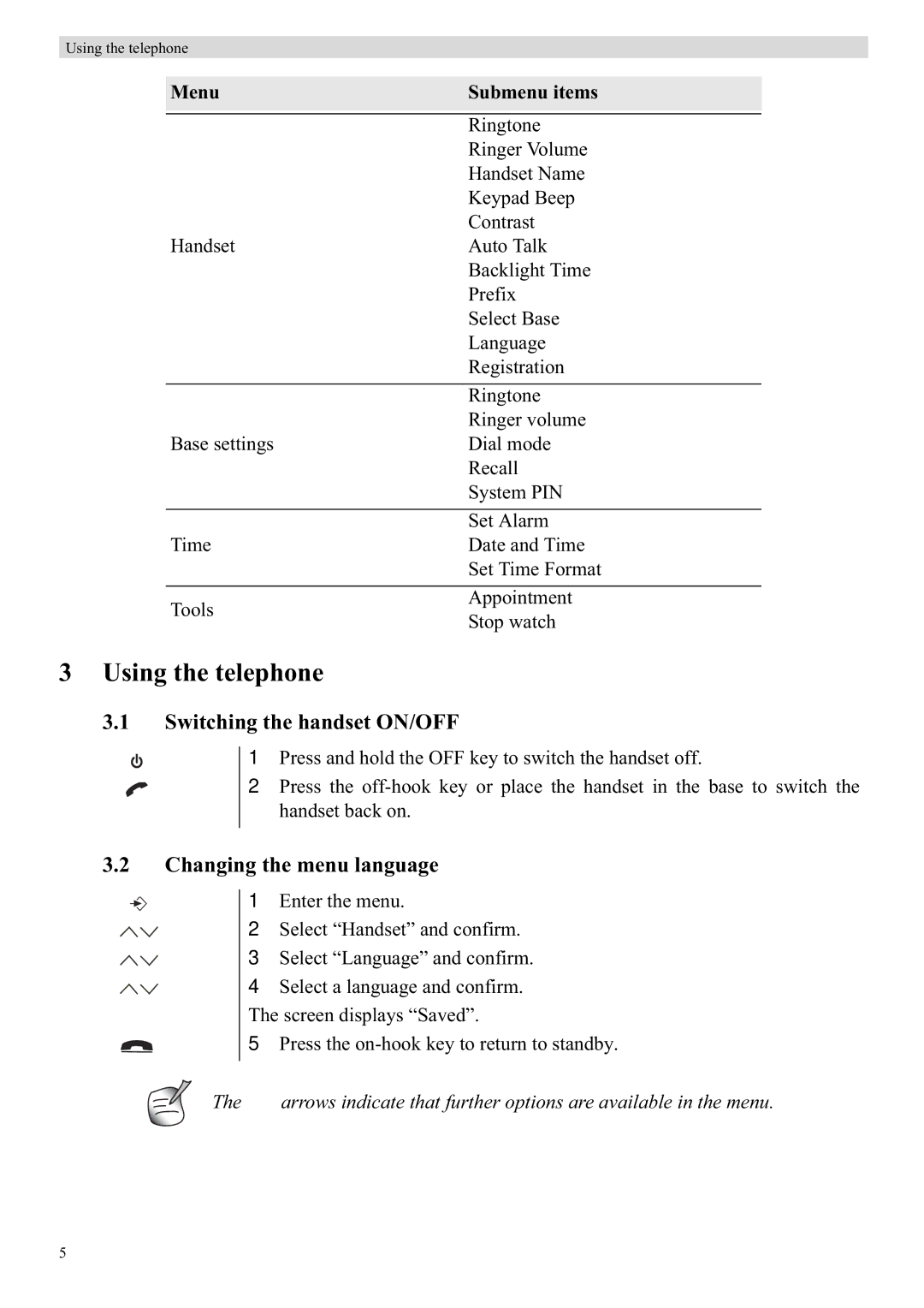 Topcom 5750 manual Using the telephone, Switching the handset ON/OFF, Changing the menu language 