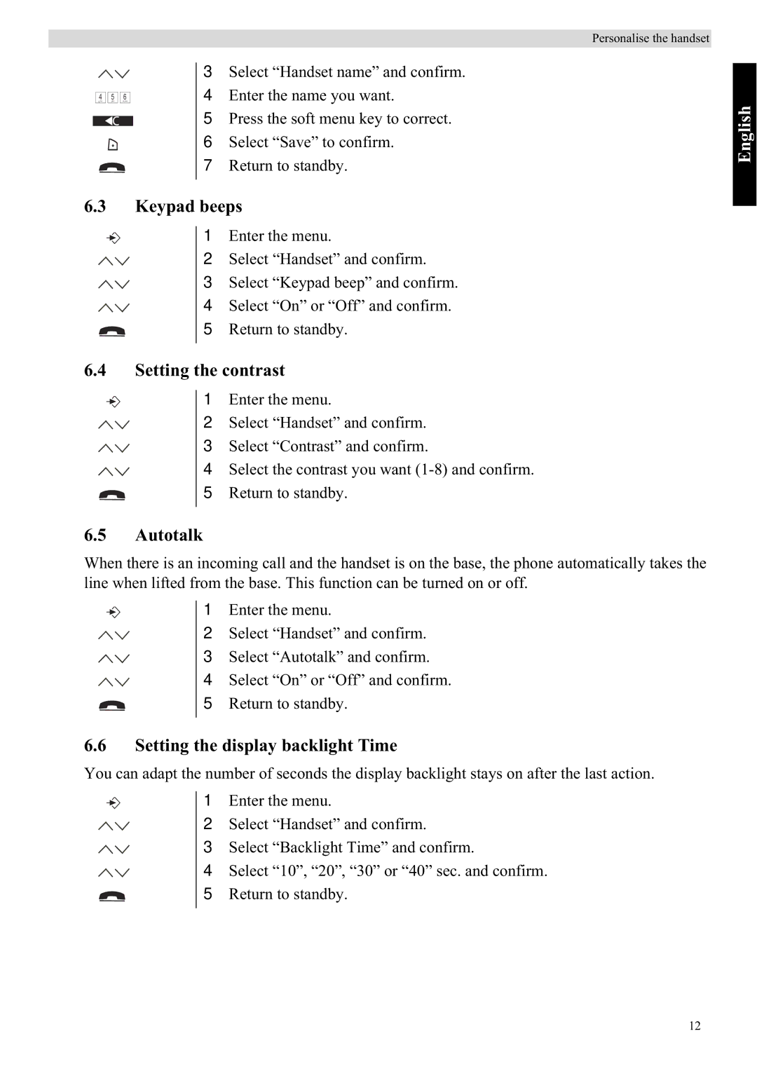 Topcom 5750 manual Keypad beeps, Setting the contrast, Autotalk, Setting the display backlight Time 