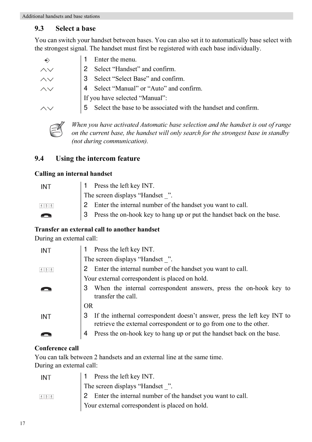Topcom 5750 manual Select a base, Using the intercom feature, Calling an internal handset, Conference call 