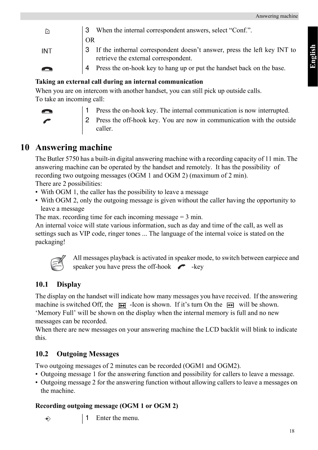 Topcom 5750 manual Answering machine, Display, Outgoing Messages, Taking an external call during an internal communication 