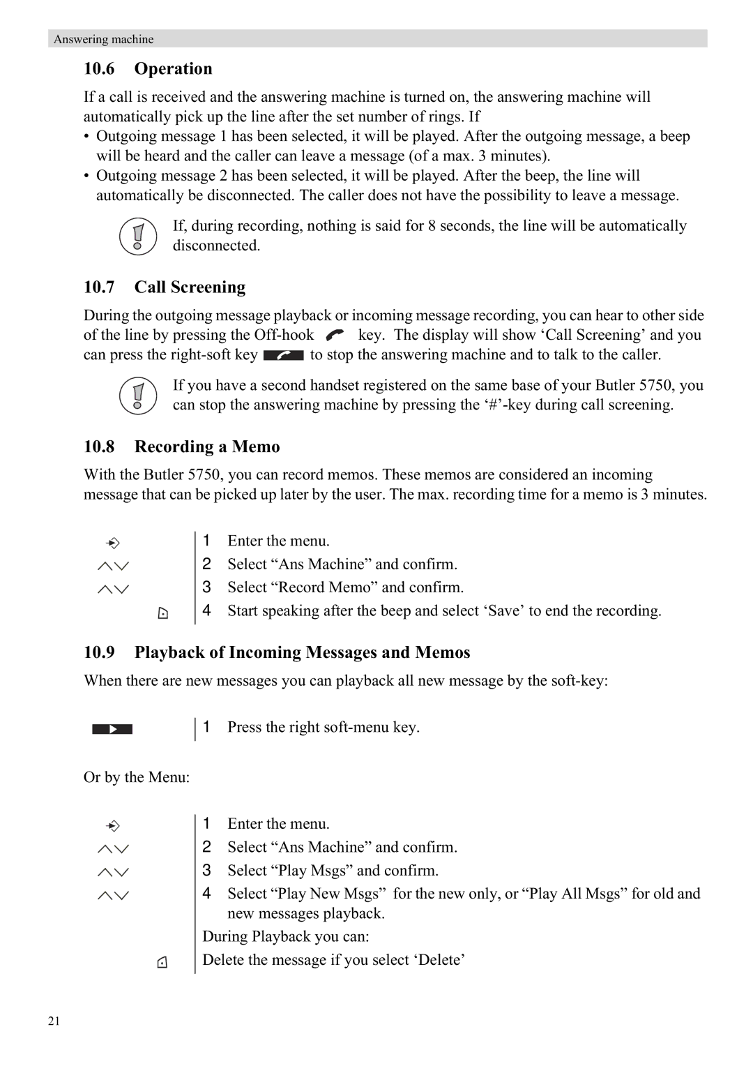 Topcom 5750 manual Operation, Call Screening, Recording a Memo, Playback of Incoming Messages and Memos 