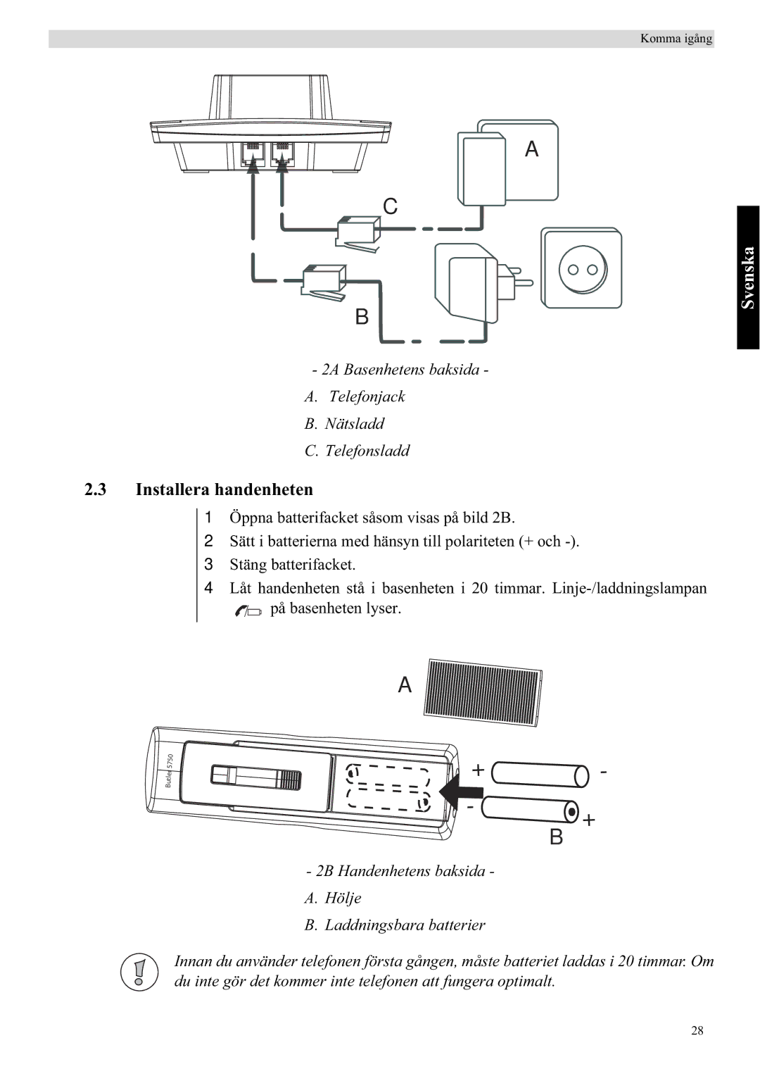 Topcom 5750 manual Installera handenheten, Svenska 