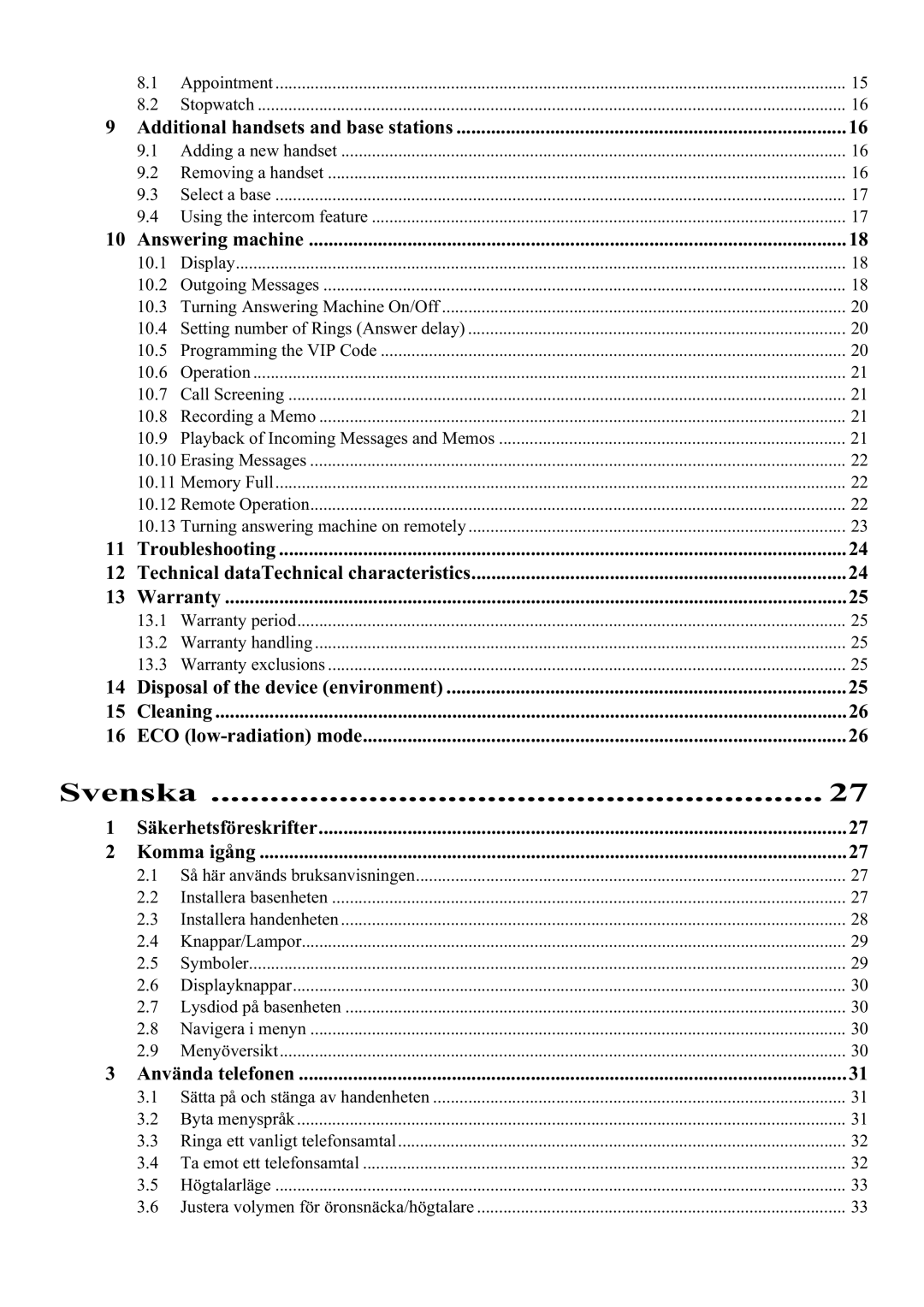 Topcom 5750 manual Svenska, Additional handsets and base stations, Answering machine, Säkerhetsföreskrifter Komma igång 