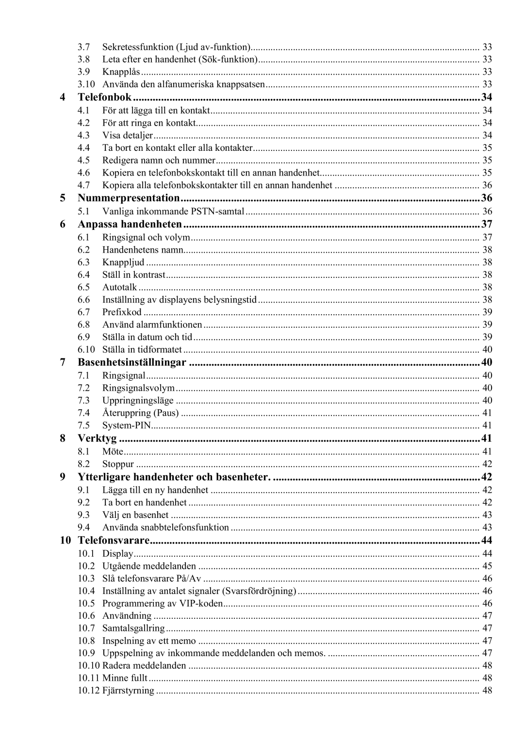 Topcom 5750 manual Telefonbok, Nummerpresentation, Anpassa handenheten, Basenhetsinställningar, Verktyg, Telefonsvarare 