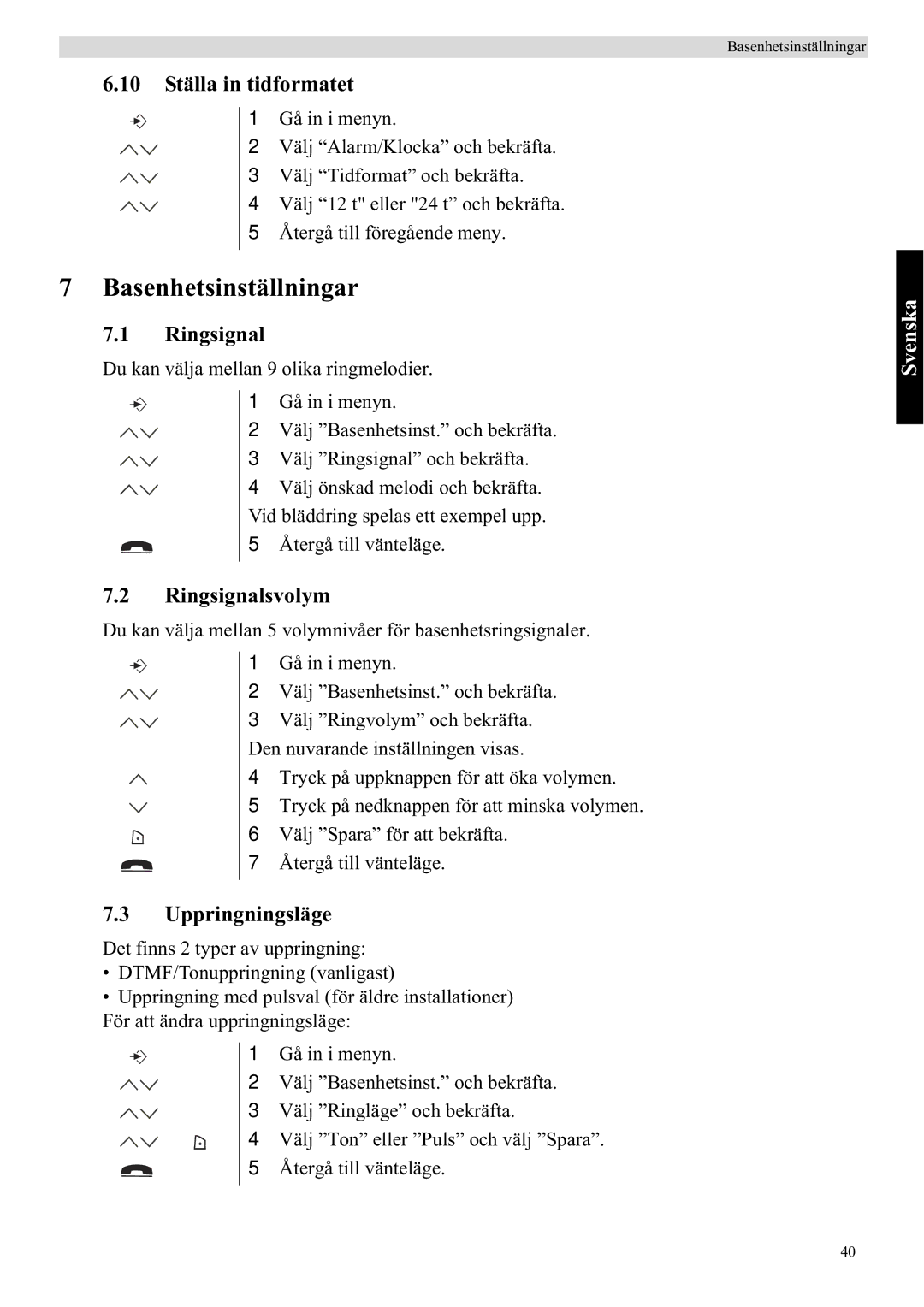 Topcom 5750 manual Basenhetsinställningar, 10 Ställa in tidformatet, Ringsignalsvolym, Uppringningsläge 