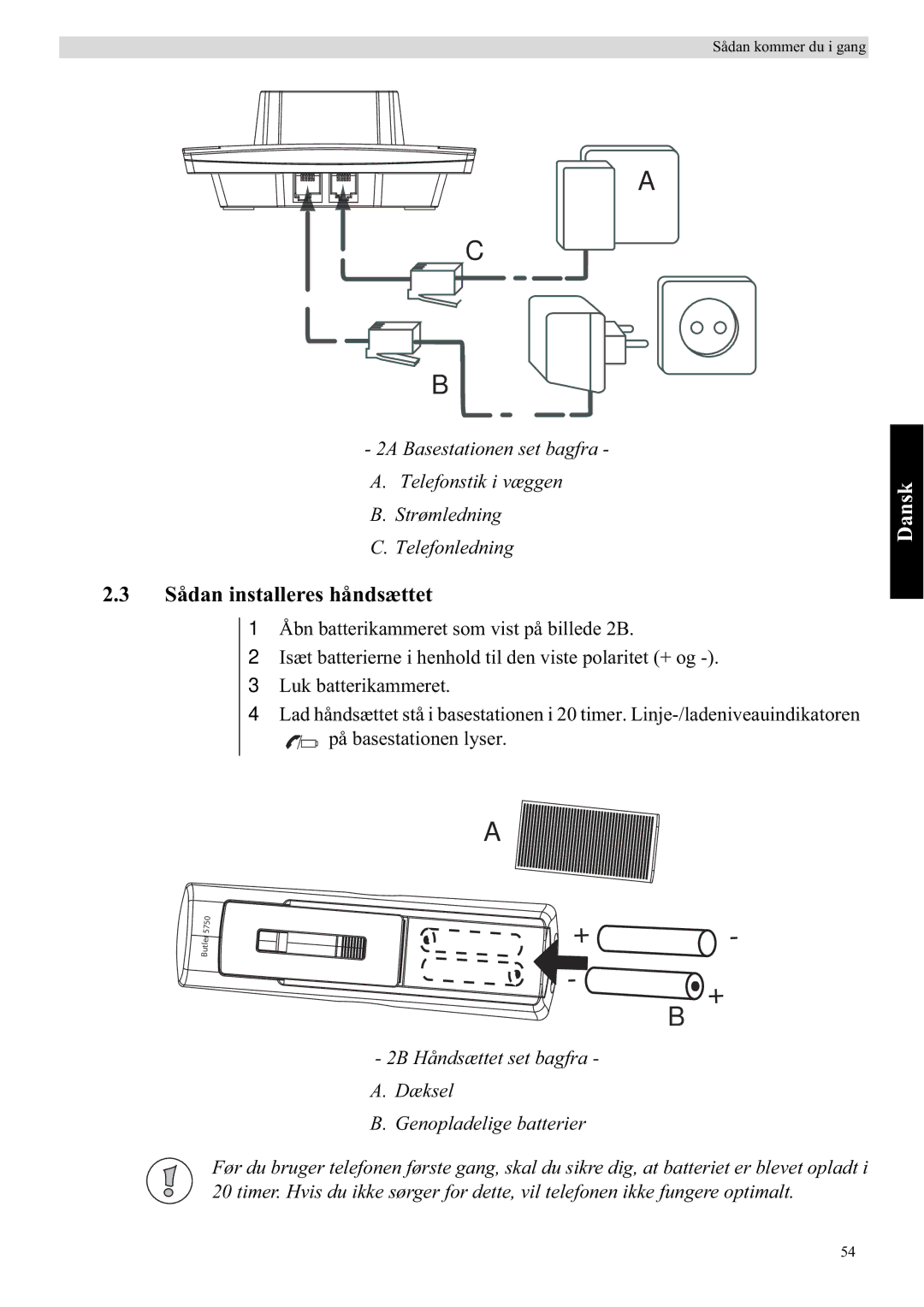 Topcom 5750 manual Sådan installeres håndsættet, Dansk 