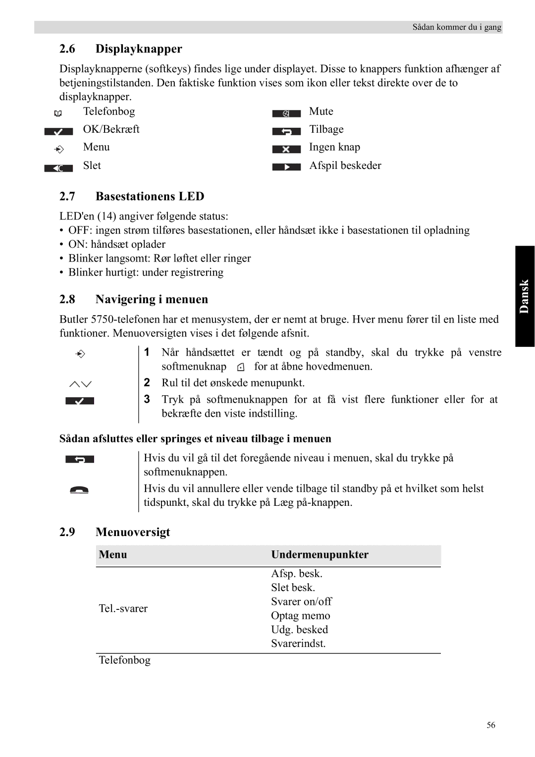 Topcom 5750 manual Displayknapper, Basestationens LED, Navigering i menuen, Menuoversigt 