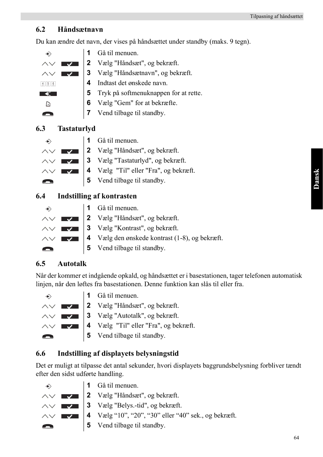 Topcom 5750 manual Håndsætnavn, Tastaturlyd, Indstilling af kontrasten, Indstilling af displayets belysningstid 