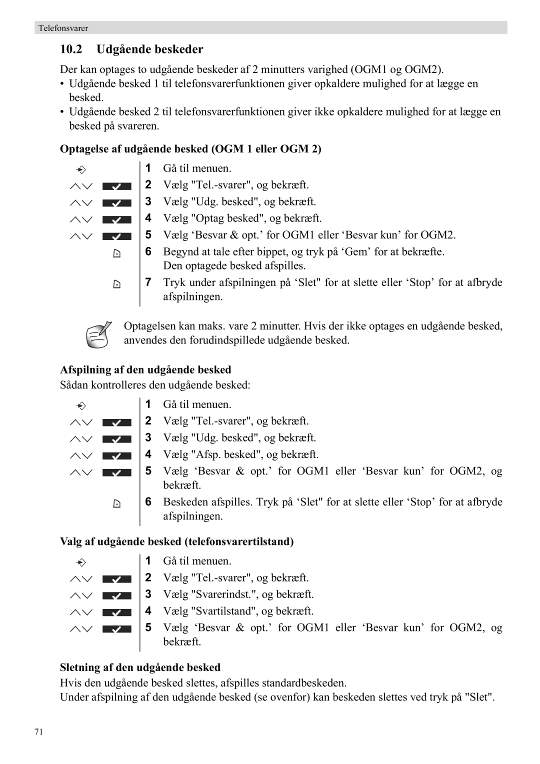 Topcom 5750 manual 10.2 Udgående beskeder, Optagelse af udgående besked OGM 1 eller OGM, Afspilning af den udgående besked 