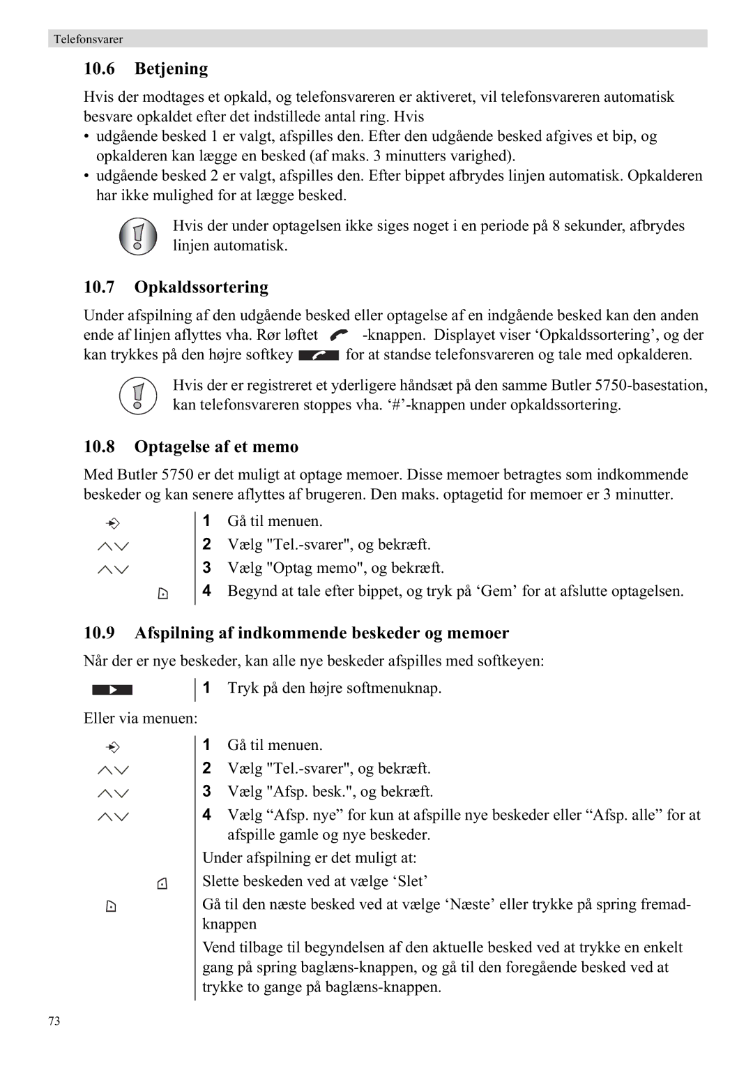 Topcom 5750 manual Betjening, Opkaldssortering, Optagelse af et memo, Afspilning af indkommende beskeder og memoer 