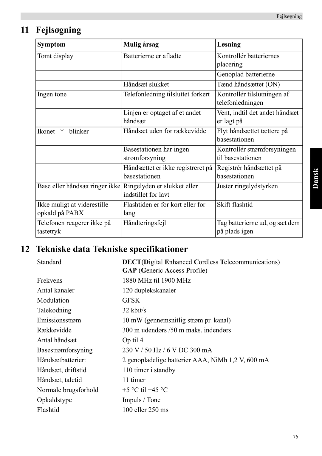 Topcom 5750 manual Fejlsøgning, Tekniske data Tekniske specifikationer, Symptom Mulig årsag Løsning 