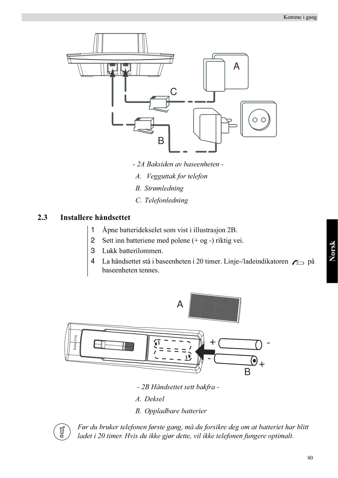 Topcom 5750 manual Installere håndsettet, Norsk 